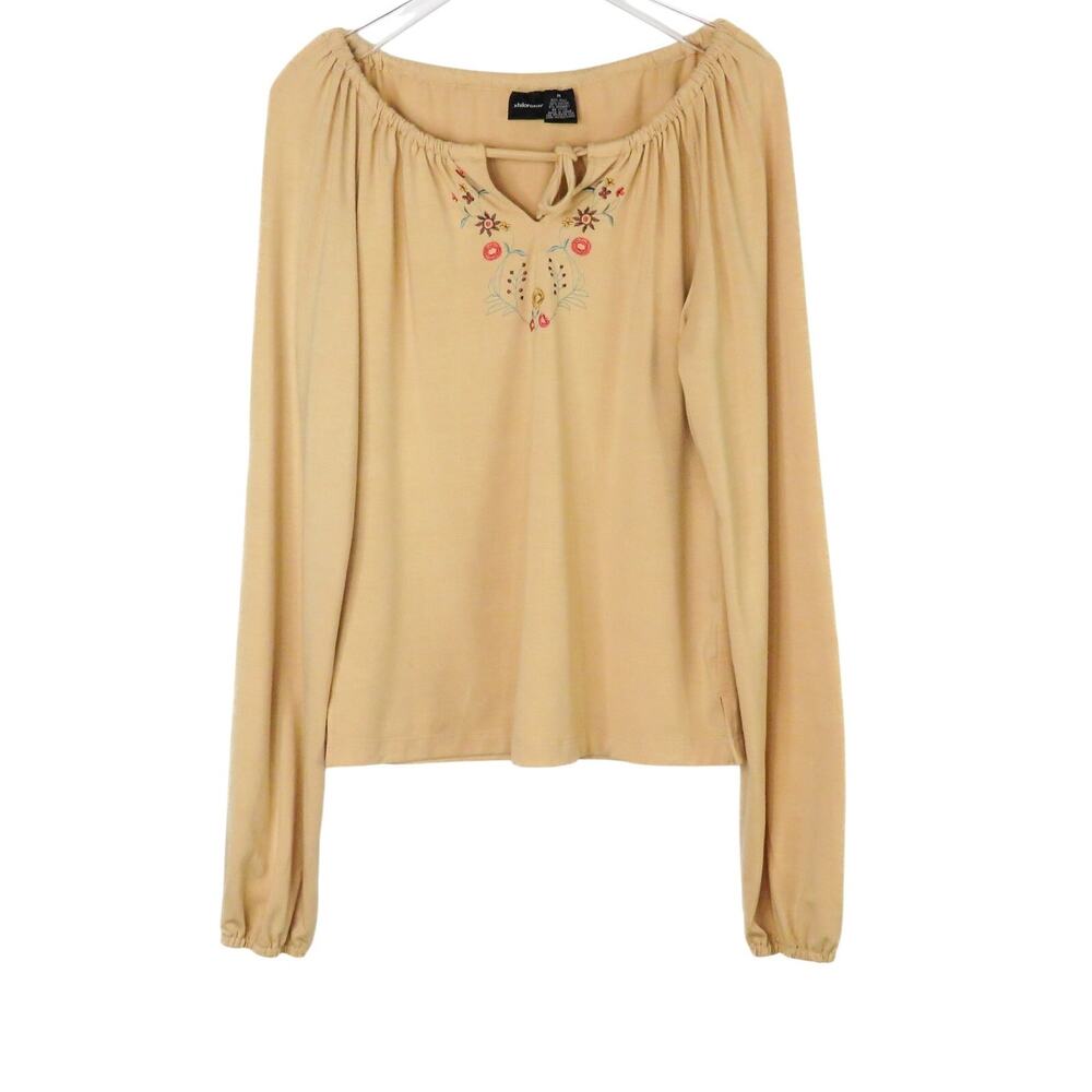 Y2k Vintage Xhiliration Tan Long Sleeve Floral Embroidered Blouse Medium